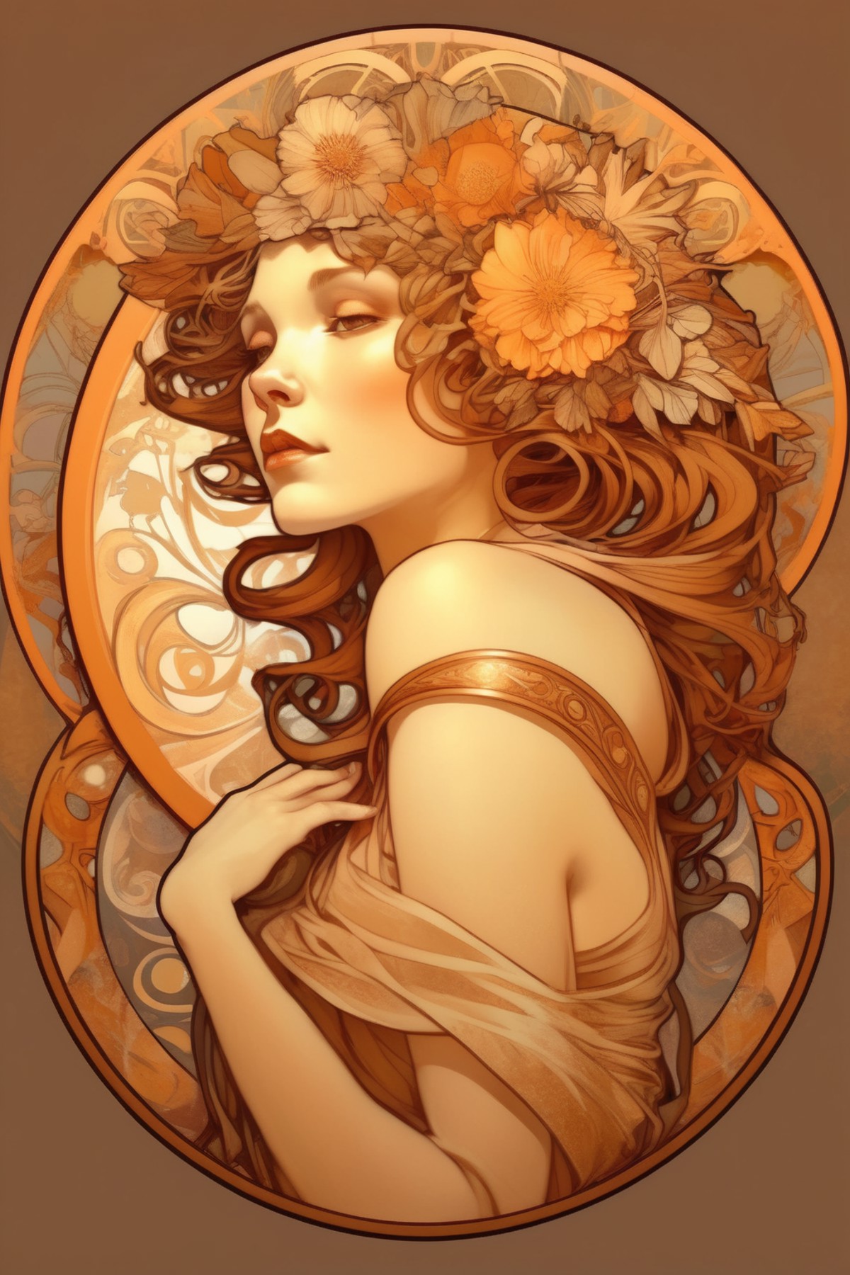 <lora:Alphonse Mucha Style:1>Alphonse Mucha Style - female done in the style of Alphonse Mucha in a circular shape and don...